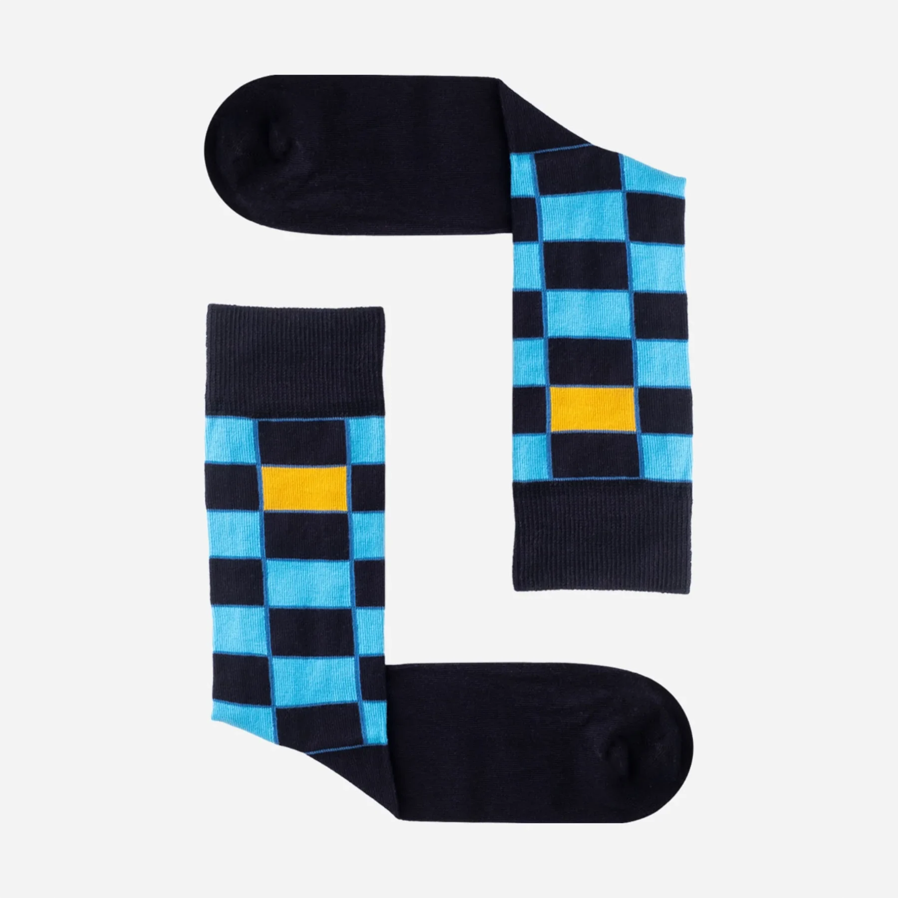 image of light and dark blue checked crew socks