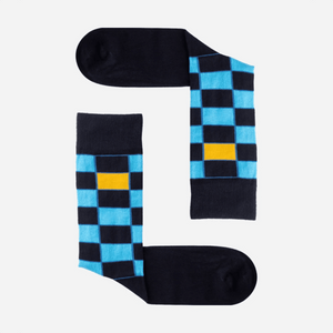 image of light and dark blue checked crew socks