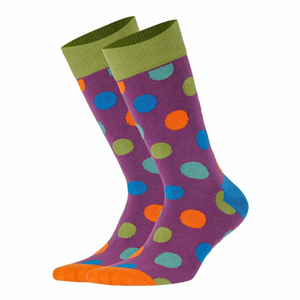 Image of purple socks with dots in multiple colours