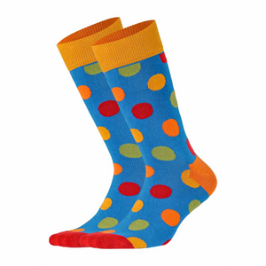 Image of blue socks with dots in multiple colours