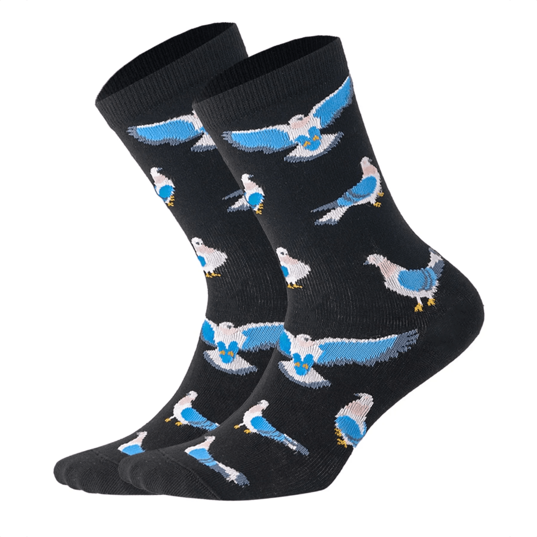 photo of dark blue crew socks with light blue and white pigeon socks images