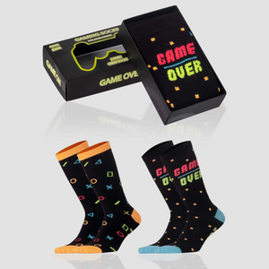 photo of 2 pairs of 'gamer'-themed crew socks with gift box