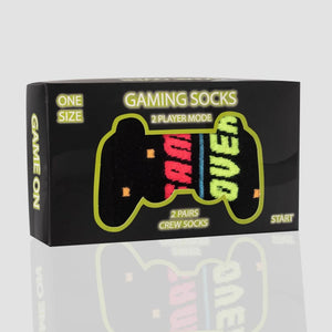 photo of 2 pairs of 'gamer'-themed crew socks in gift box