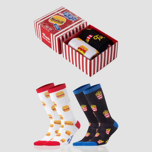 photo of 2 pairs of hamburger-themed crew socks with gift box