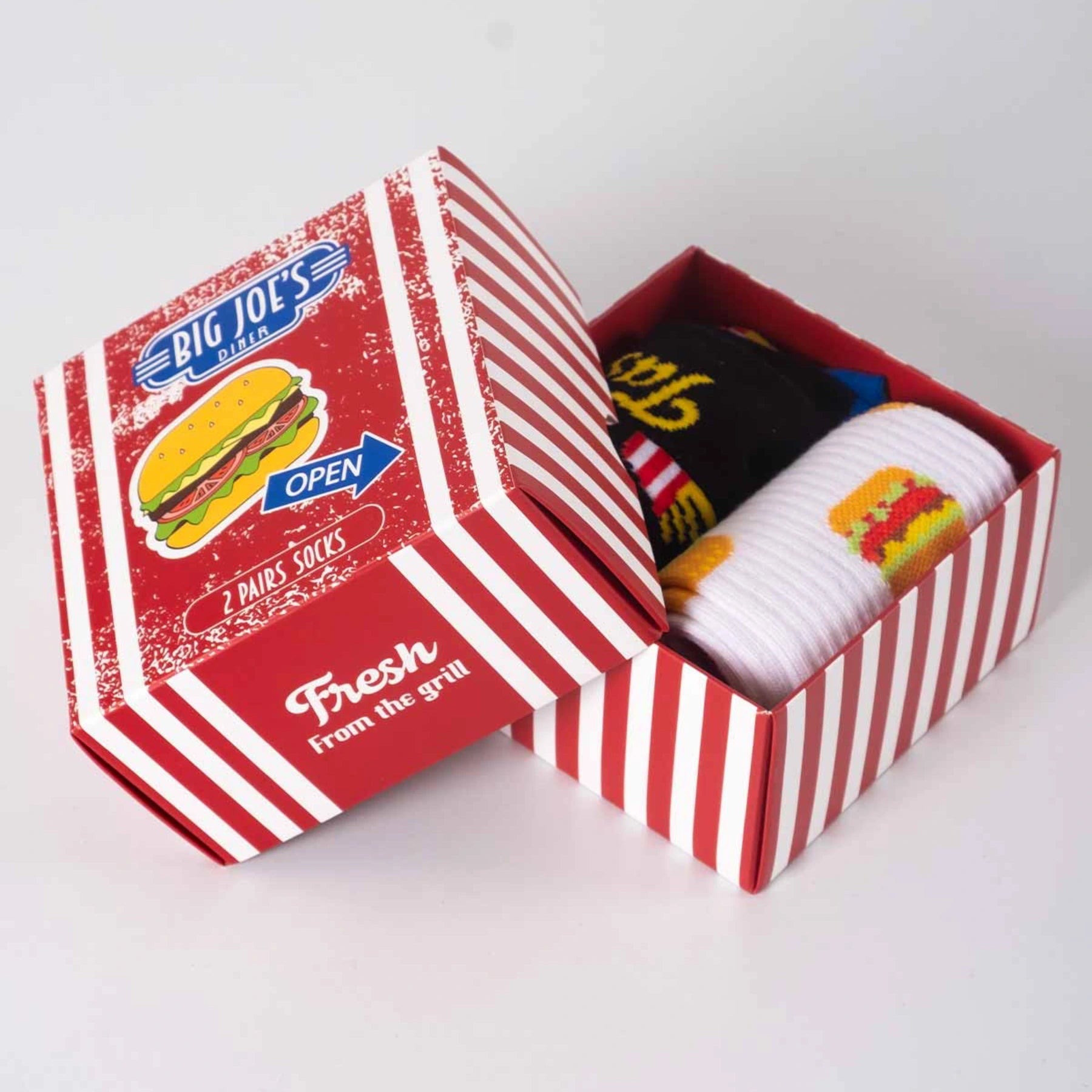photo of 2 pairs of hamburger-themed crew socks in gift box
