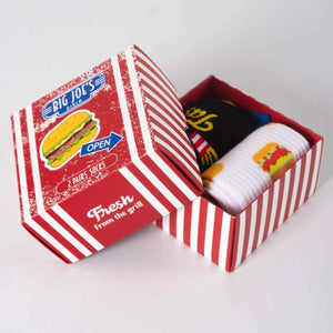 photo of 2 pairs of hamburger-themed crew socks in gift box