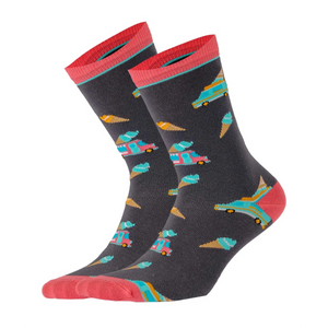 Image of dark coloured crew socks with 'ice cream'-themed images