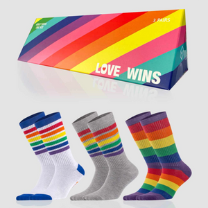 photo of 3 pair of assorted 'love wins'-themed crew socks with gift box