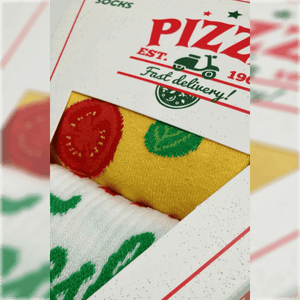 close-up photo showing detail of pizza-shaped gift box