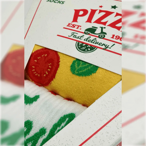 close-up photo showing detail of pizza-shaped gift box