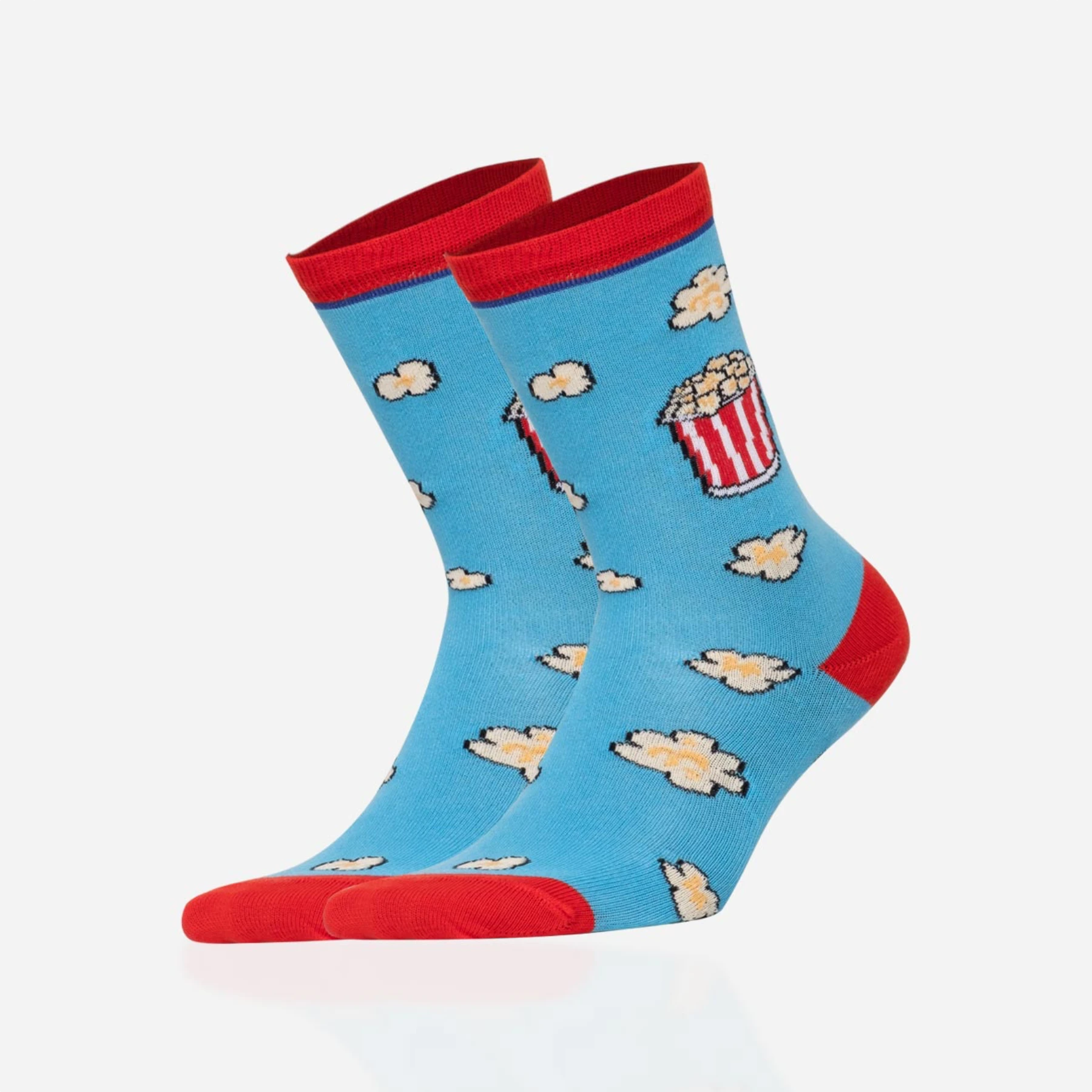 photo of light blue popcorn-themed crew socks