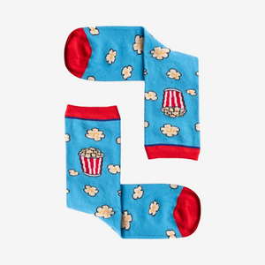 photo of light blue popcorn-themed crew socks