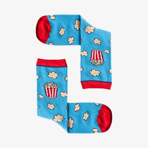 photo of light blue popcorn-themed crew socks