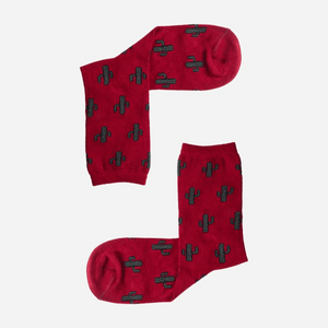 Burgundy coloured crew socks with cactus images