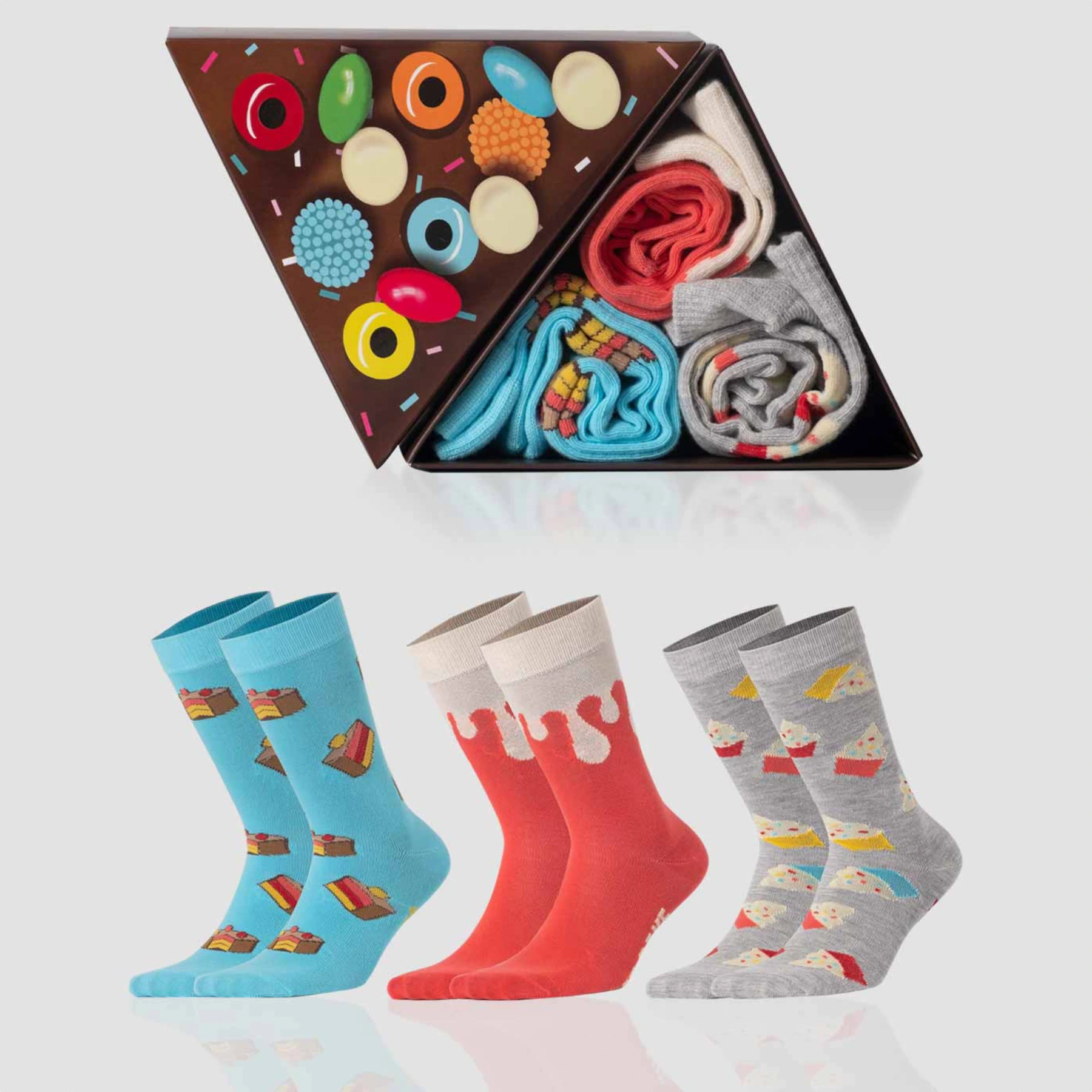 photo of 3 pairs of assorted cake-themed crew socks with gift box