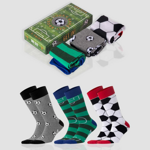 photo of 3 pair of assorted soccer-themed crew socks with soccer field-shaped gift box