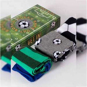 photo of 3 pair of assorted soccer-themed crew socks with soccer field-shaped gift box