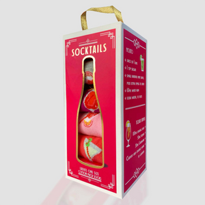 photo of 4 pairs of assorted 'socktail'-themed crew socks in bottle shaped gift box