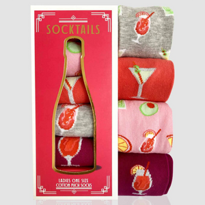 photo of 4 pairs of assorted 'socktail'-themed crew socks with bottle shaped gift box