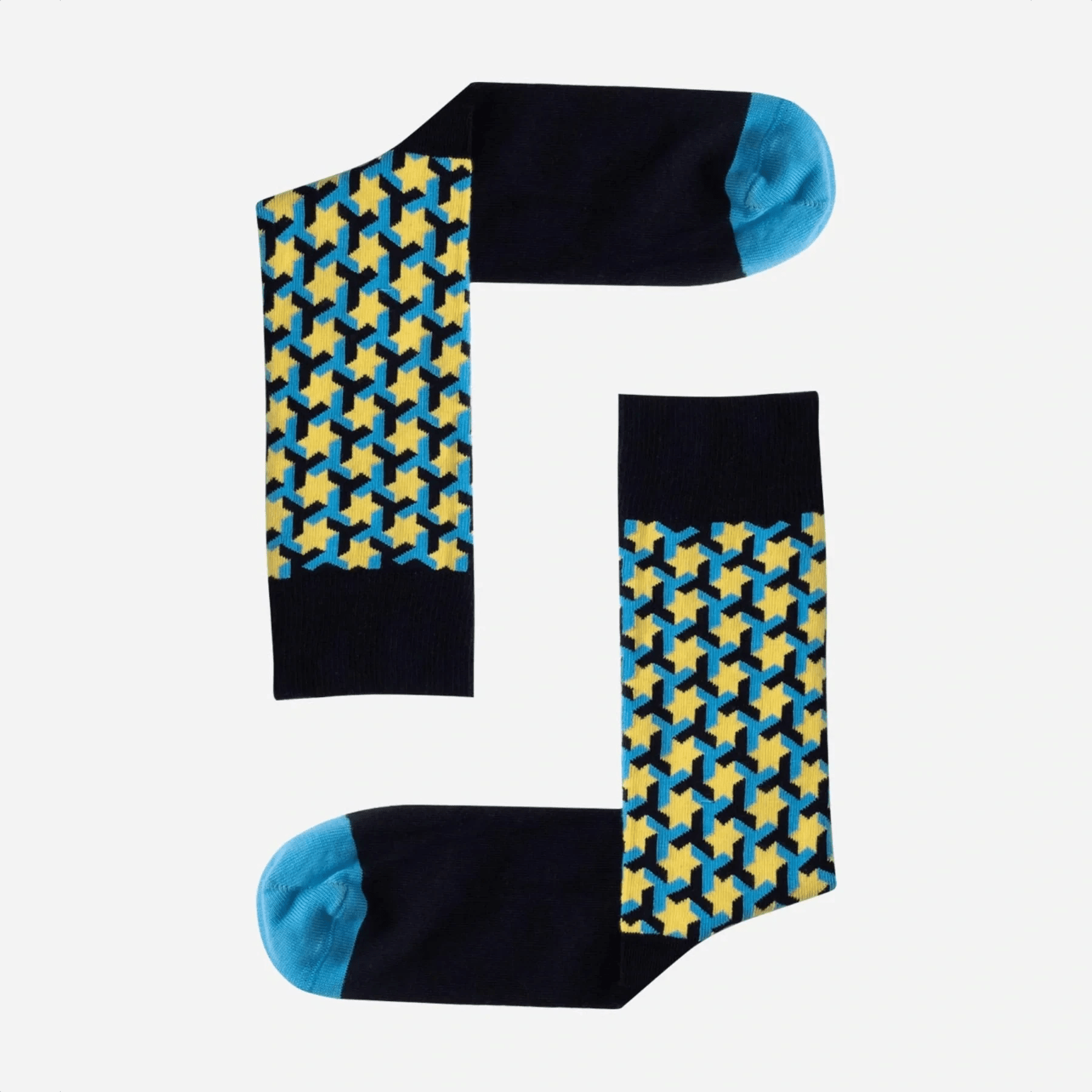 image of blue, navy and lemon coloured star themed crew socks