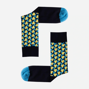 image of blue, navy and lemon coloured star themed crew socks