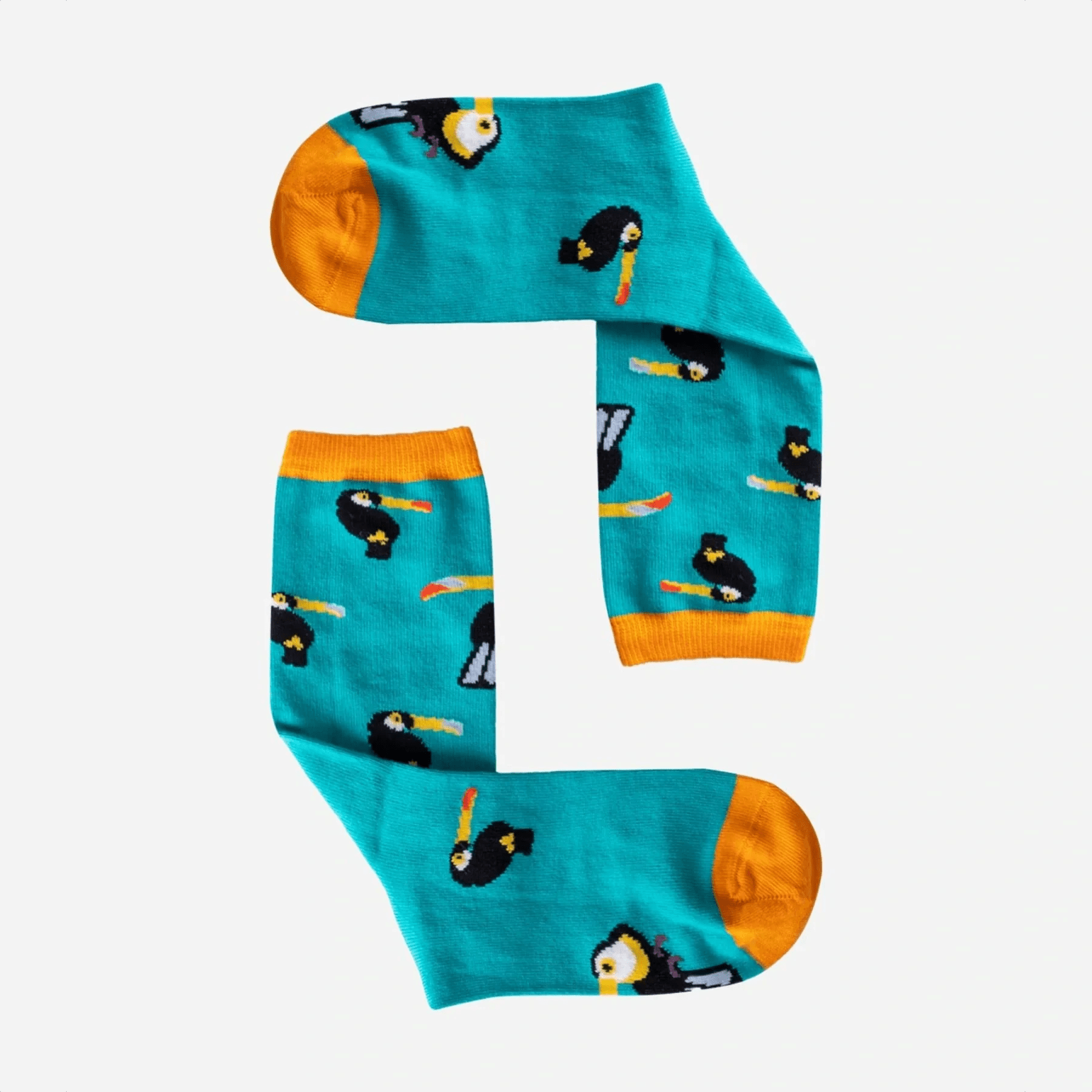photo of turquoise crew socks with toucan images