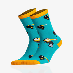 photo of turquoise crew socks with toucan images