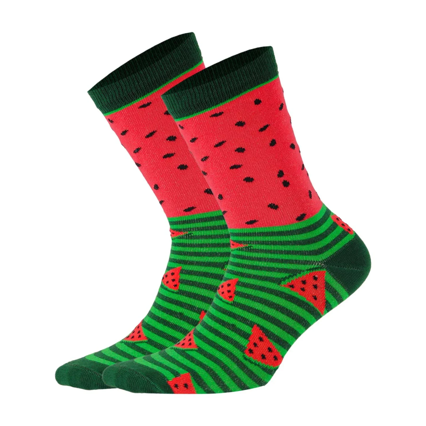photo of green and coral crew socks depicting watermelon