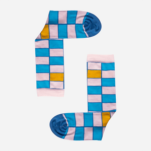 image of light blue and pink checked crew socks