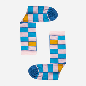 image of light blue and pink checked crew socks