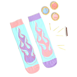 photo of turquoise fire-themed crew socks