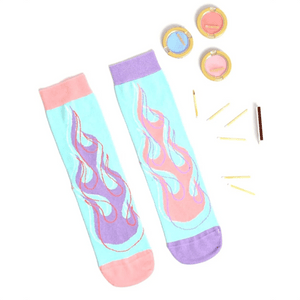 photo of turquoise fire-themed crew socks