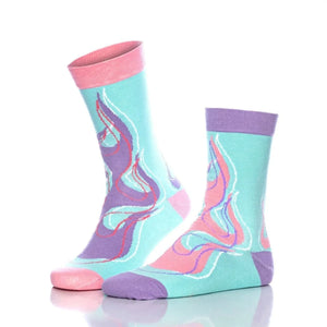 photo of turquoise fire-themed crew socks