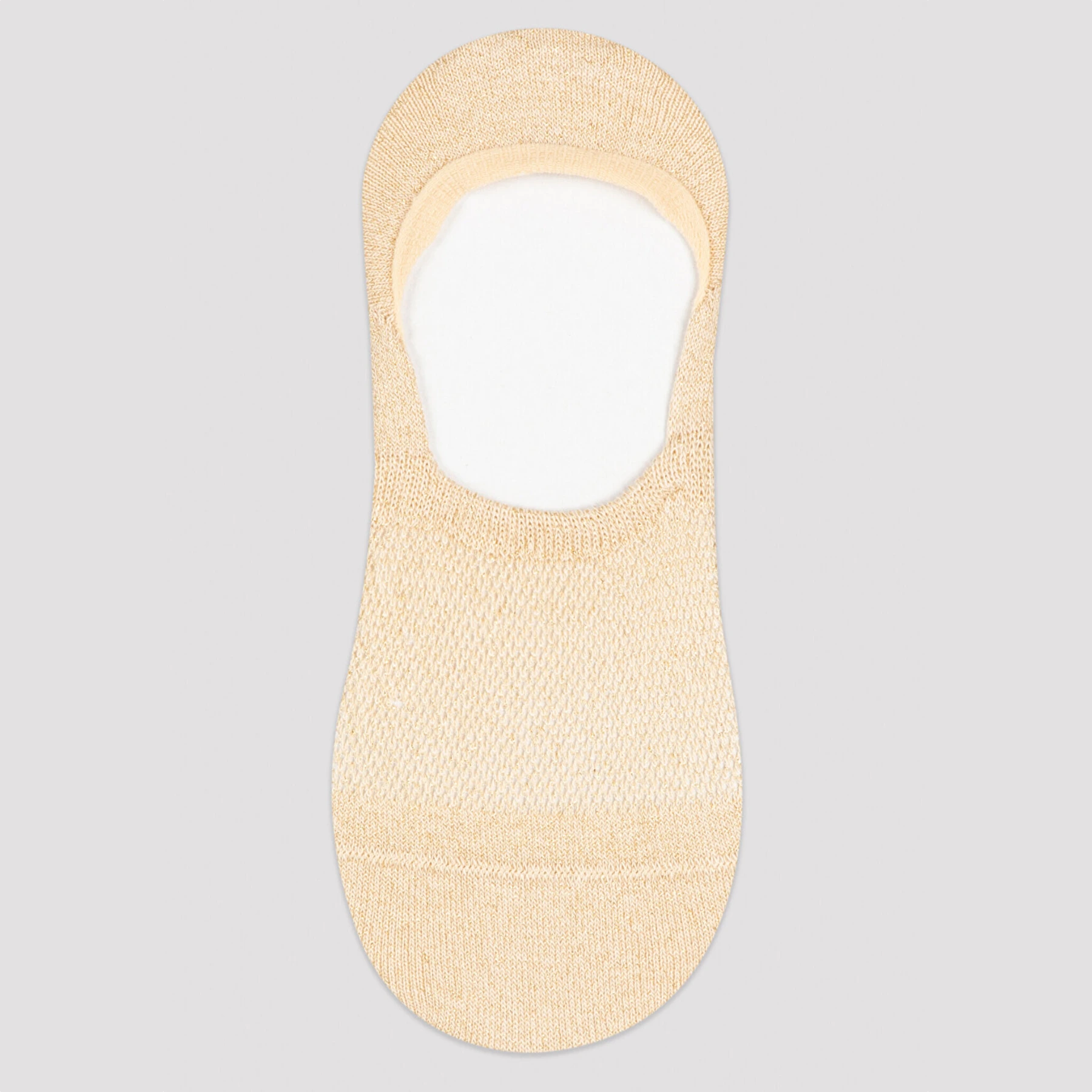 Image of beige no-show sock with gold sparkly yarn and open weave design for comfort