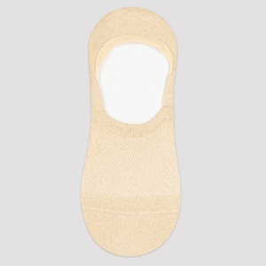 Image of beige no-show sock with gold sparkly yarn and open weave design for comfort