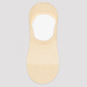 Image of beige no-show sock with gold sparkly yarn and open weave design for comfort