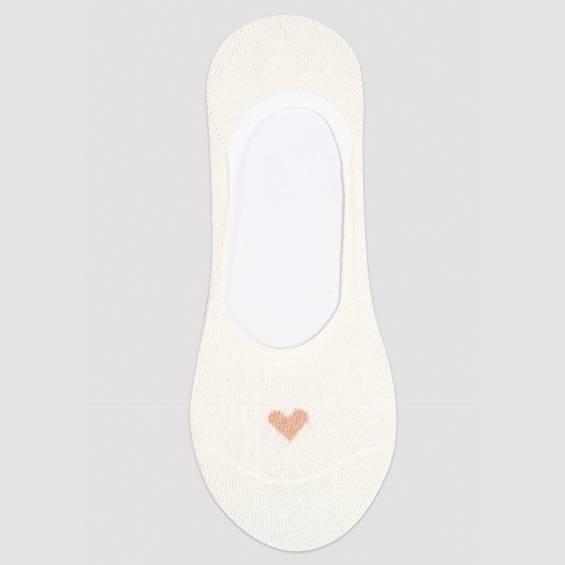 Image of cream no-show sock with small beige heart detail