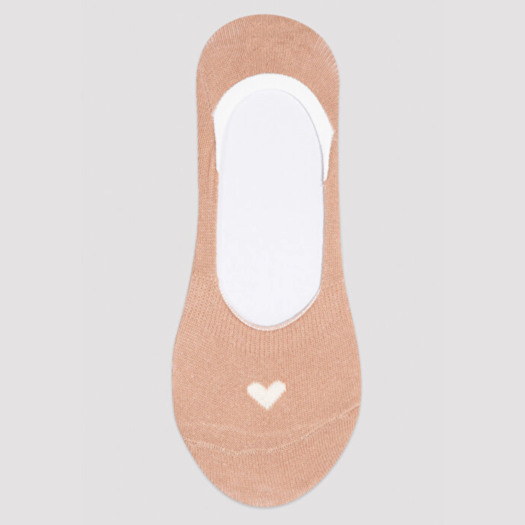 Image of beige no-show sock with small cream heart detail
