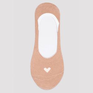 Image of beige no-show sock with small cream heart detail