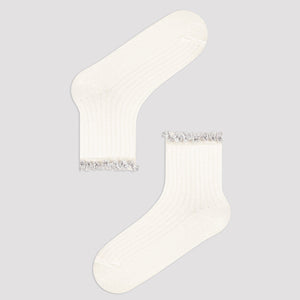 Ivory ribbed quarter length socks with gingham ruffle