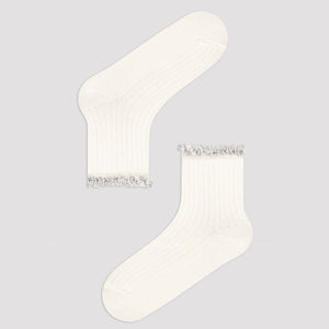 Ivory ribbed quarter length socks with gingham ruffle