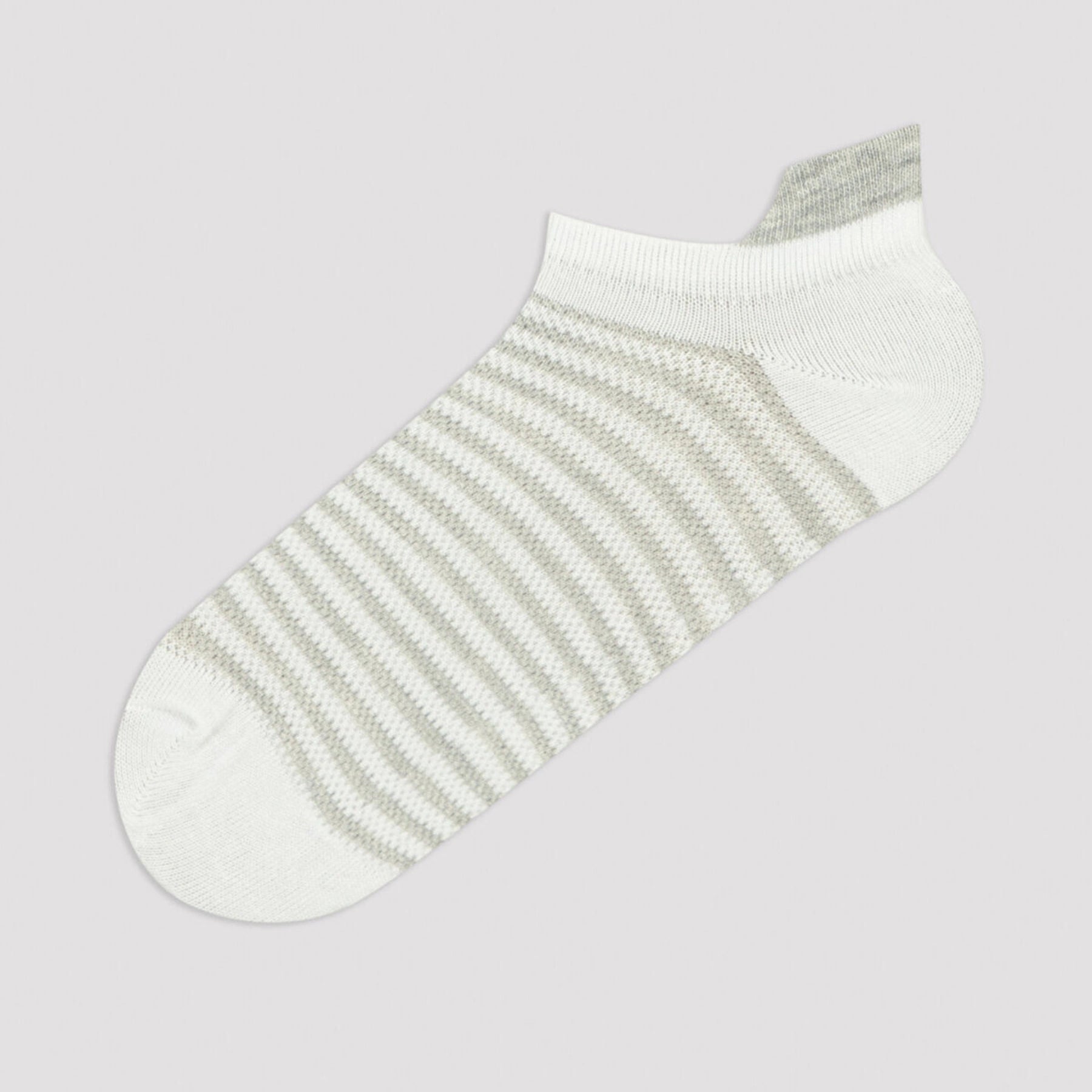 Image of white, grey striped sneaker sock with heel-tab