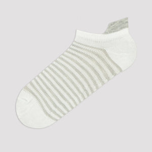 Image of white, grey striped sneaker sock with heel-tab