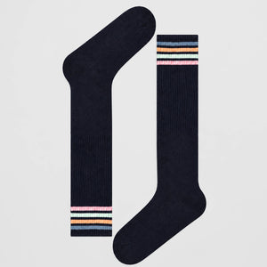 Navy knee-high socks with striped cuffs