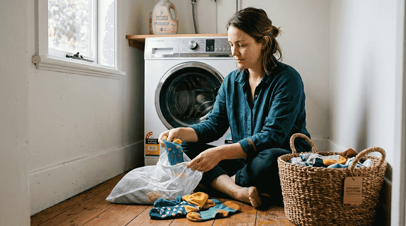 Proper care for Uniq Socks: A woman sorting colorful organic cotton socks into a mesh laundry bag in front of a washing machine.