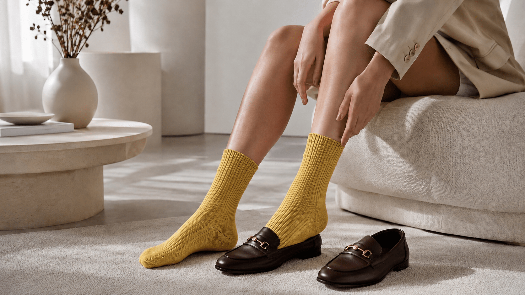 Mustard yellow premium cotton socks styled with loafers in a soft neutral interior