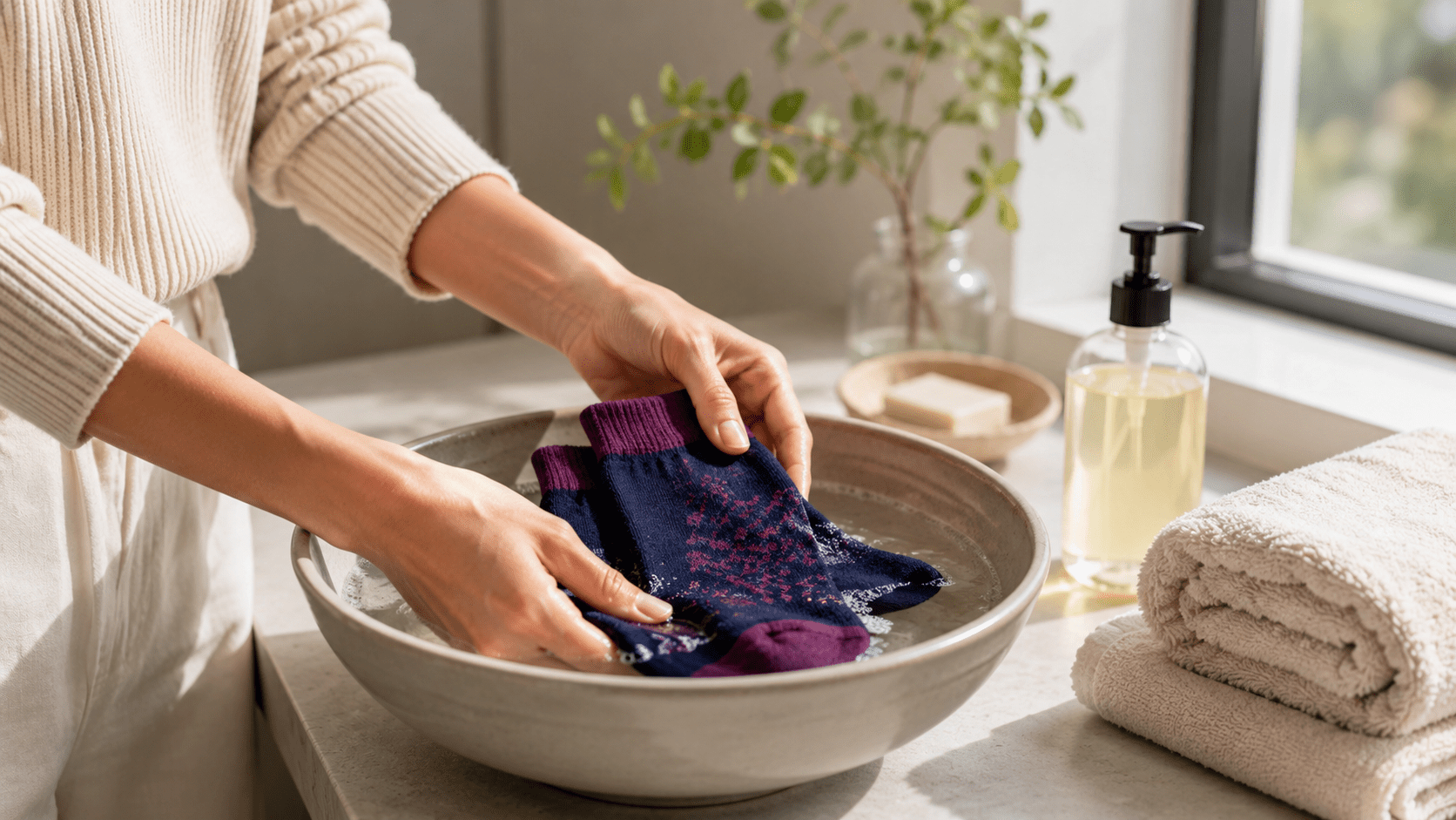 Hand washing colourful designer socks in a basin for gentle care and longer-lasting quality