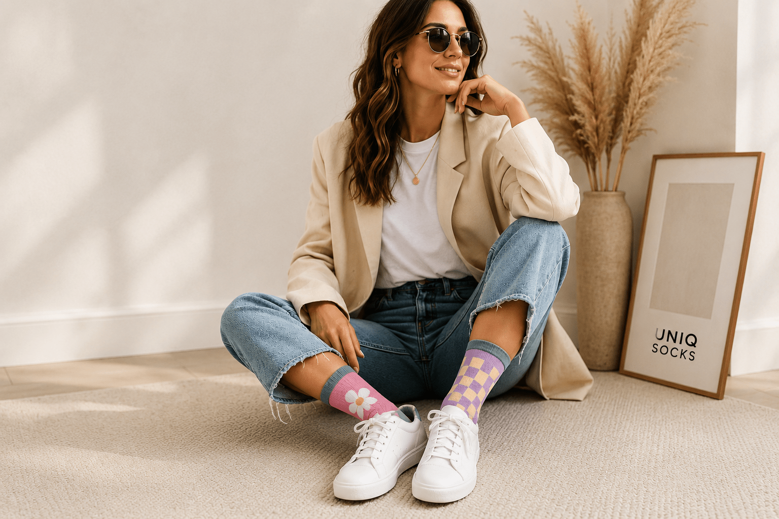 Colourful mismatched socks styled with white sneakers and denim for modern casual fashion in Australia