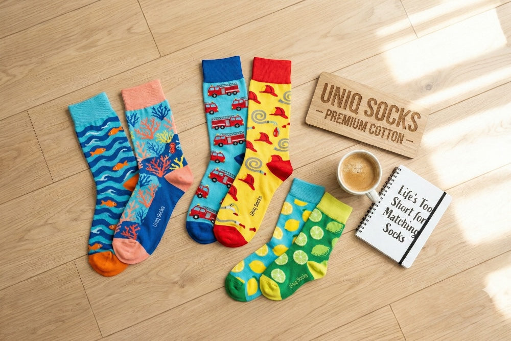 Premium cotton mismatched socks by Uniq Socks featuring vibrant marine, firefighter, and lemon patterns.
