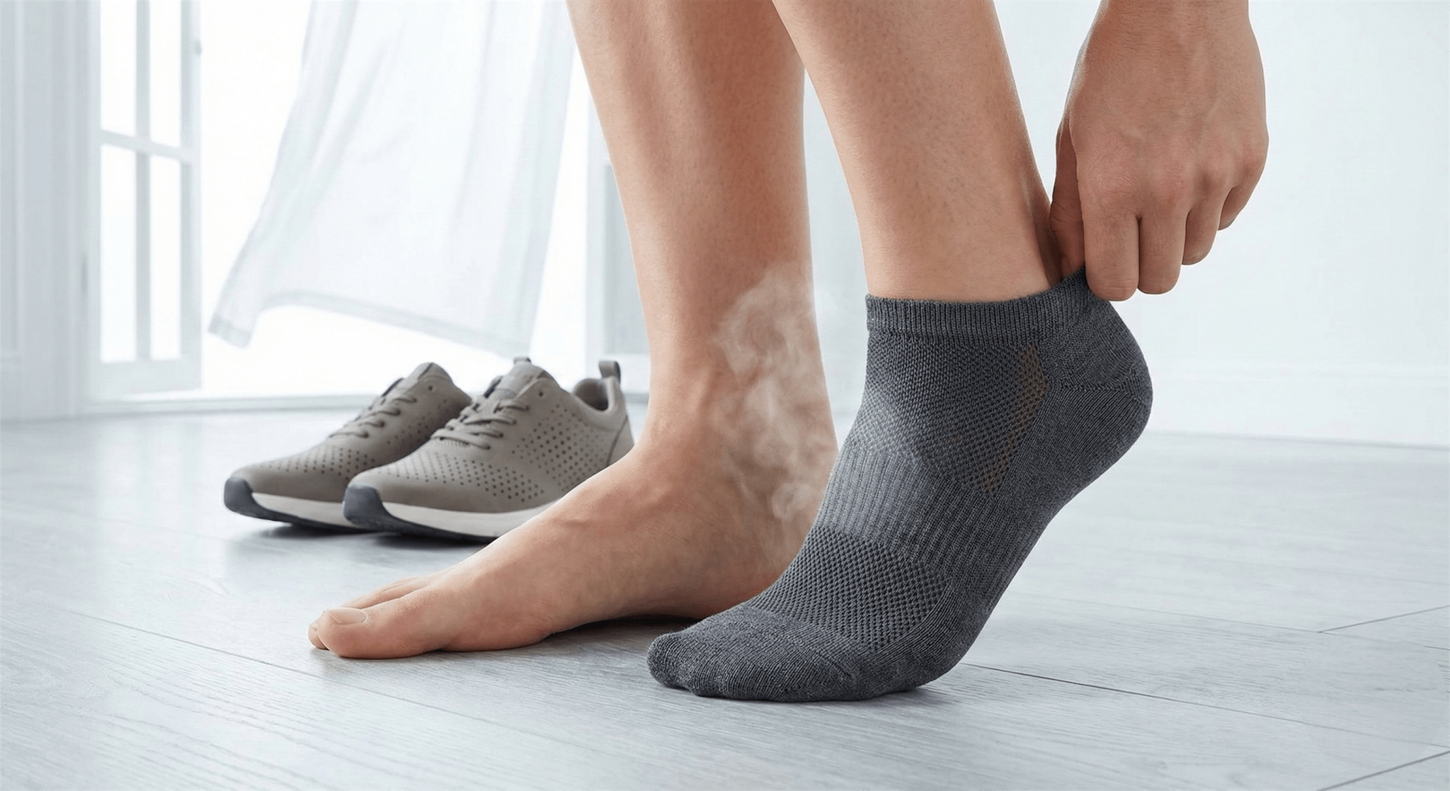 Close-up of a person putting on a premium charcoal grey organic bamboo ankle sock, featuring breathable mesh paneling and a reinforced heel. A pair of grey sneakers sits on a light timber floor in a bright, modern Australian home setting.